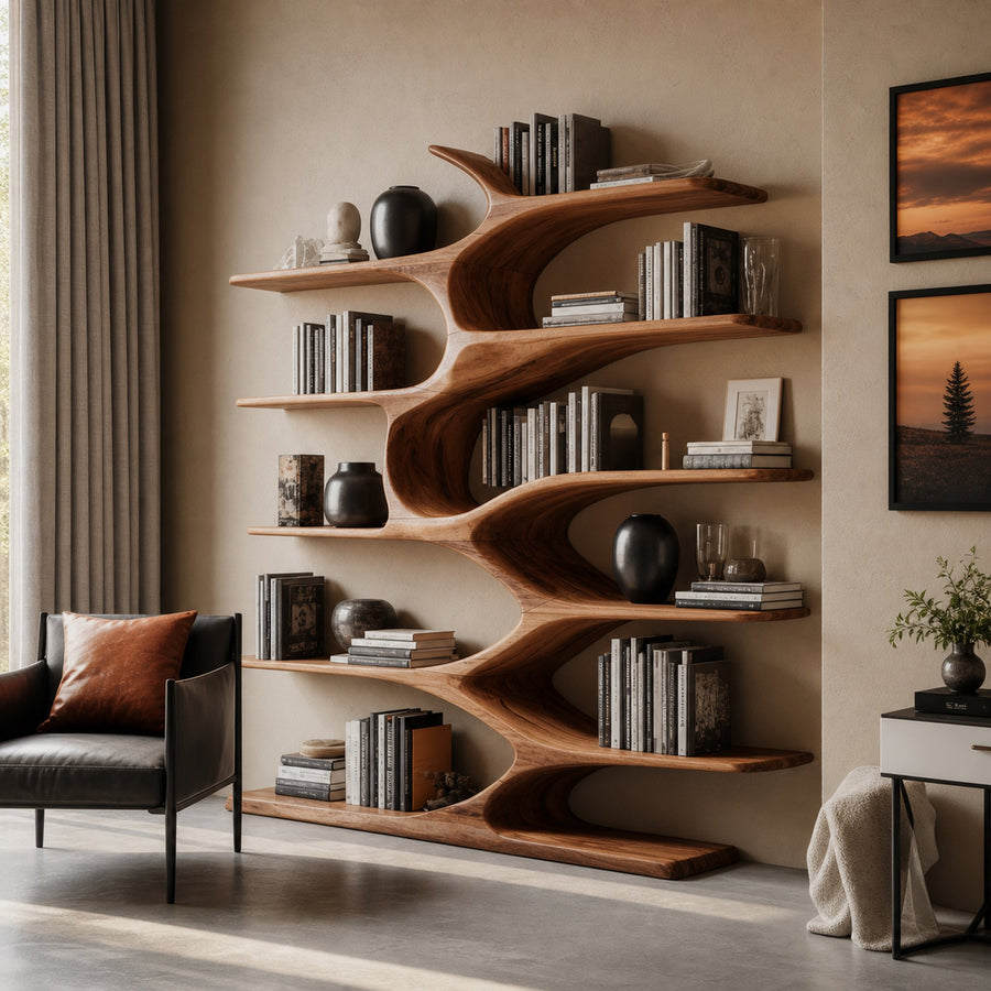 Modern Sculptural Bookshelf With Organic Design For Living Room