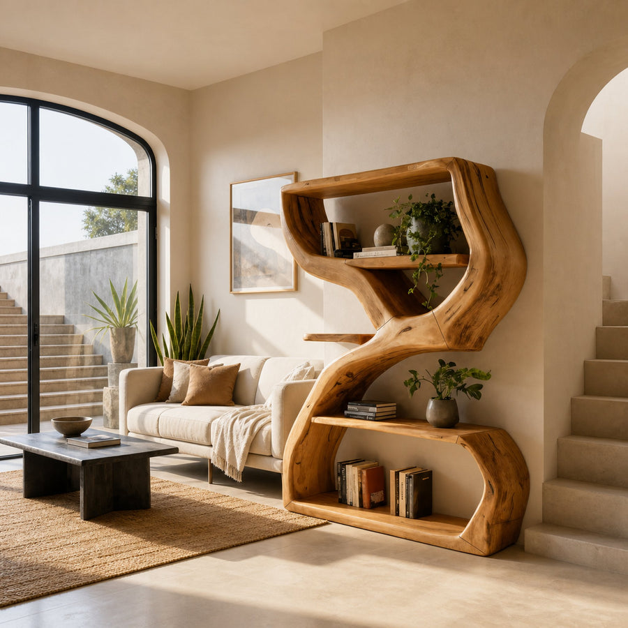 Modern Sculptural Bookshelf With S Shaped Design For Living Room