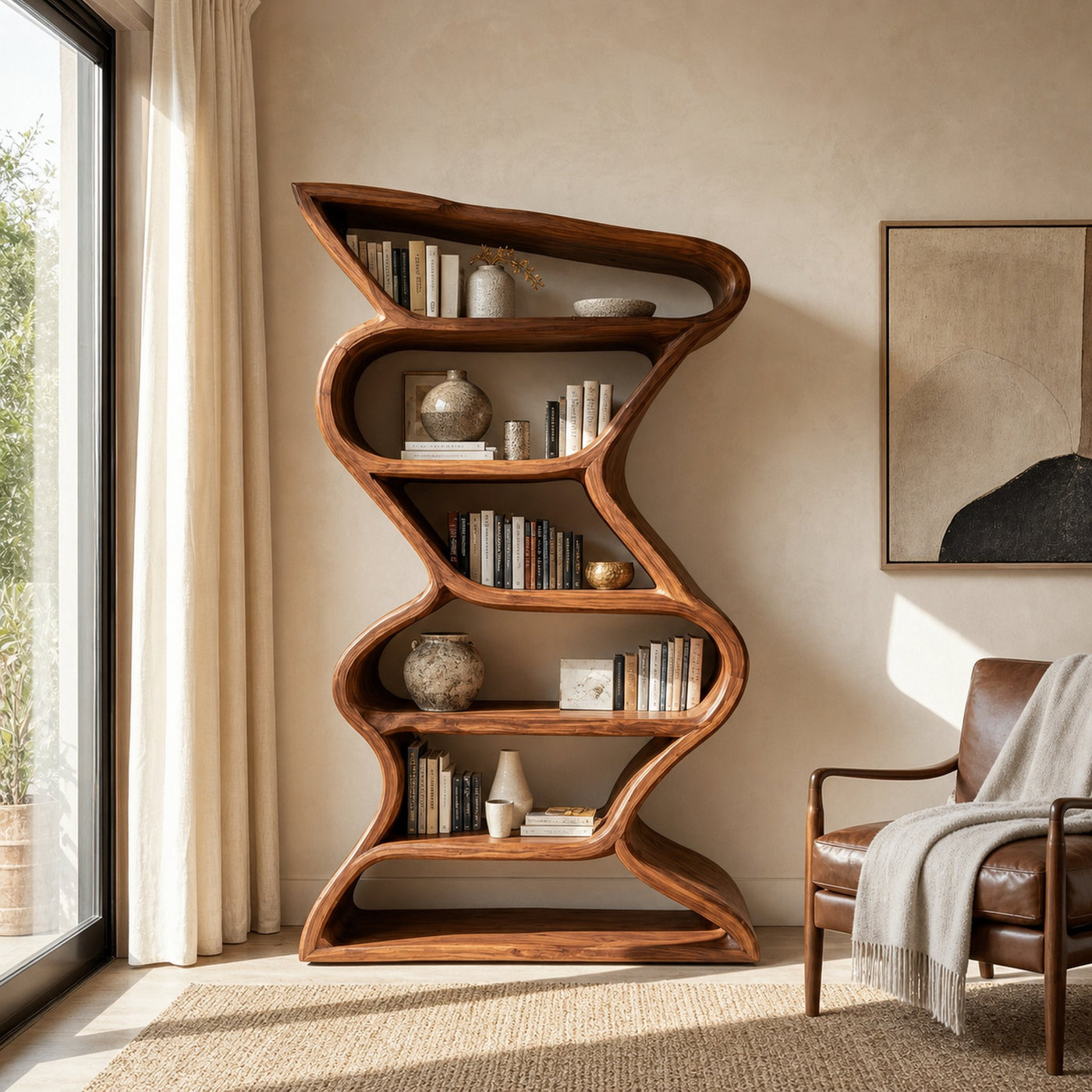 Modern Sculptural Bookshelf With Seamless Tiers For Living Room