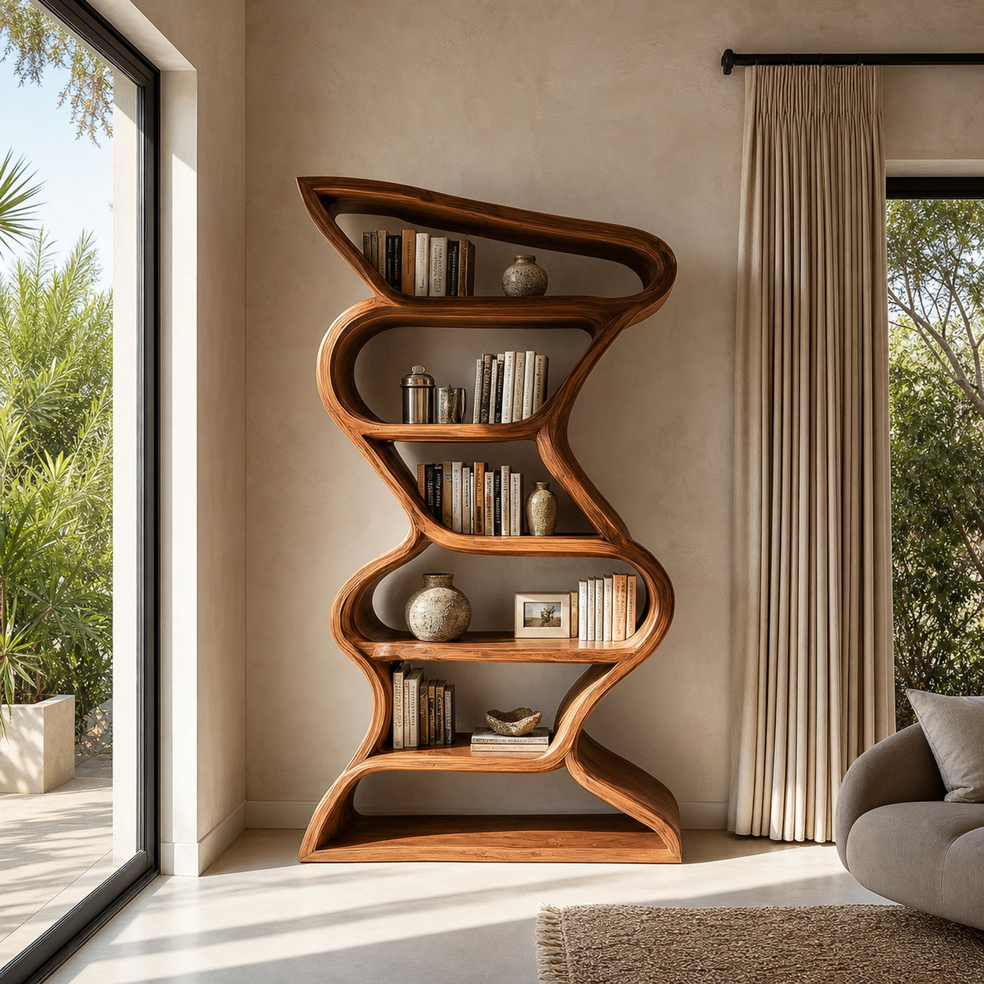 Modern Sculptural Bookshelf With Seamless Tiers For Living Room - product view 2