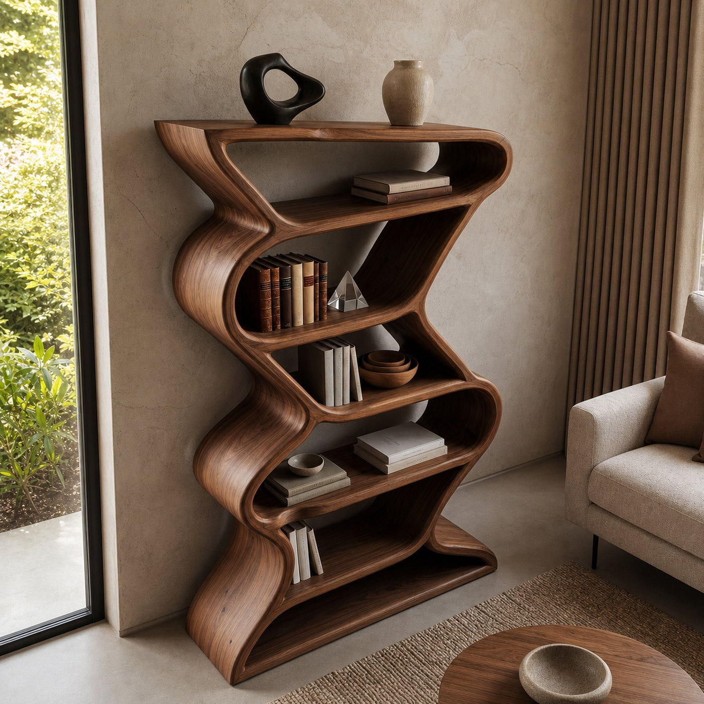 Modern Sculptural Bookshelf With Seamless Tiers For Living Room - product view 3