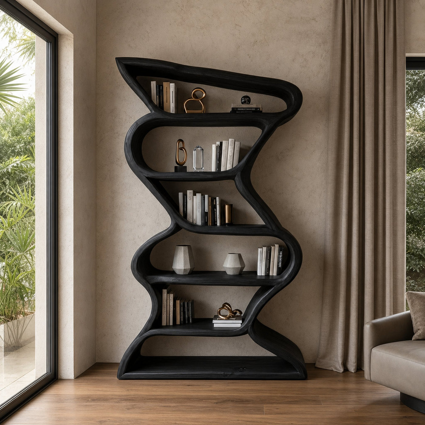 Modern Sculptural Bookshelf With Seamless Tiers For Living Room - product view 4