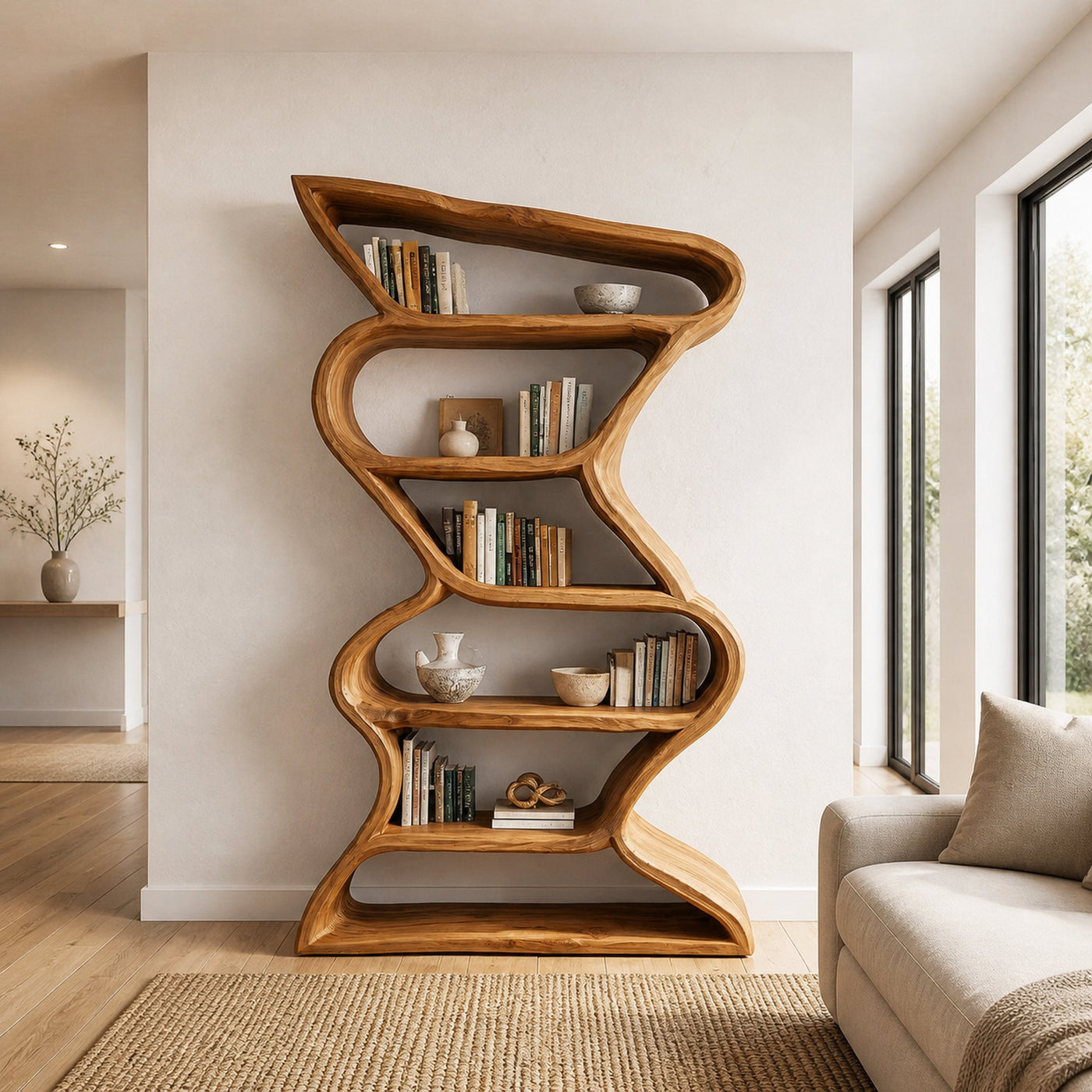 Modern Sculptural Bookshelf With Seamless Tiers For Living Room - product view 5