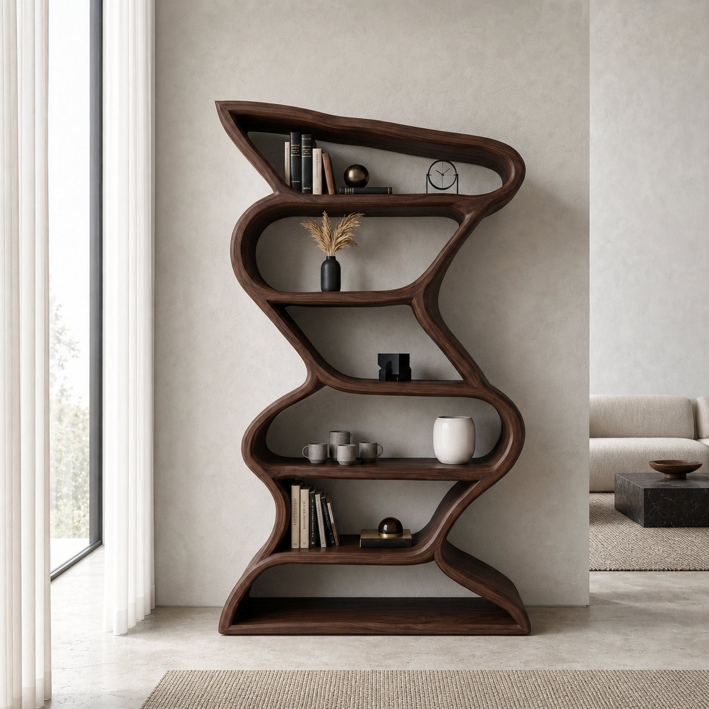 Modern Sculptural Bookshelf With Seamless Tiers For Living Room - product view 7