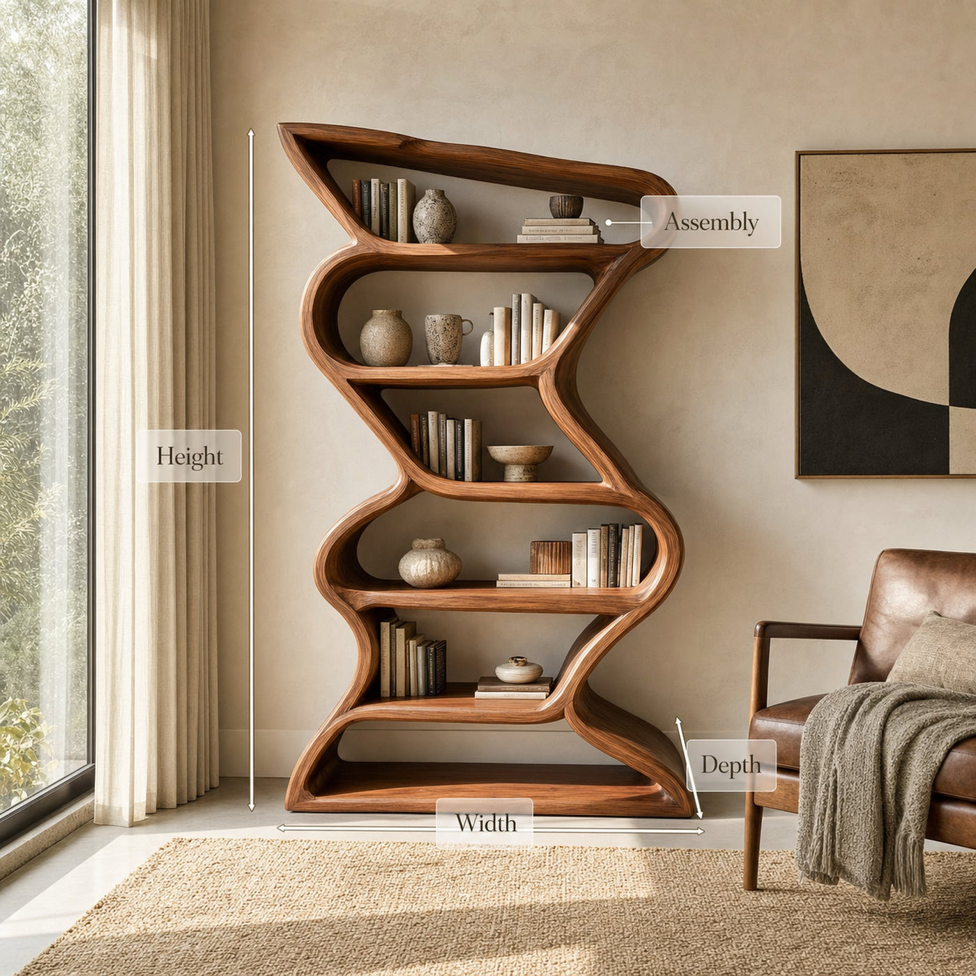 Modern Sculptural Bookshelf With Seamless Tiers For Living Room - product view 8