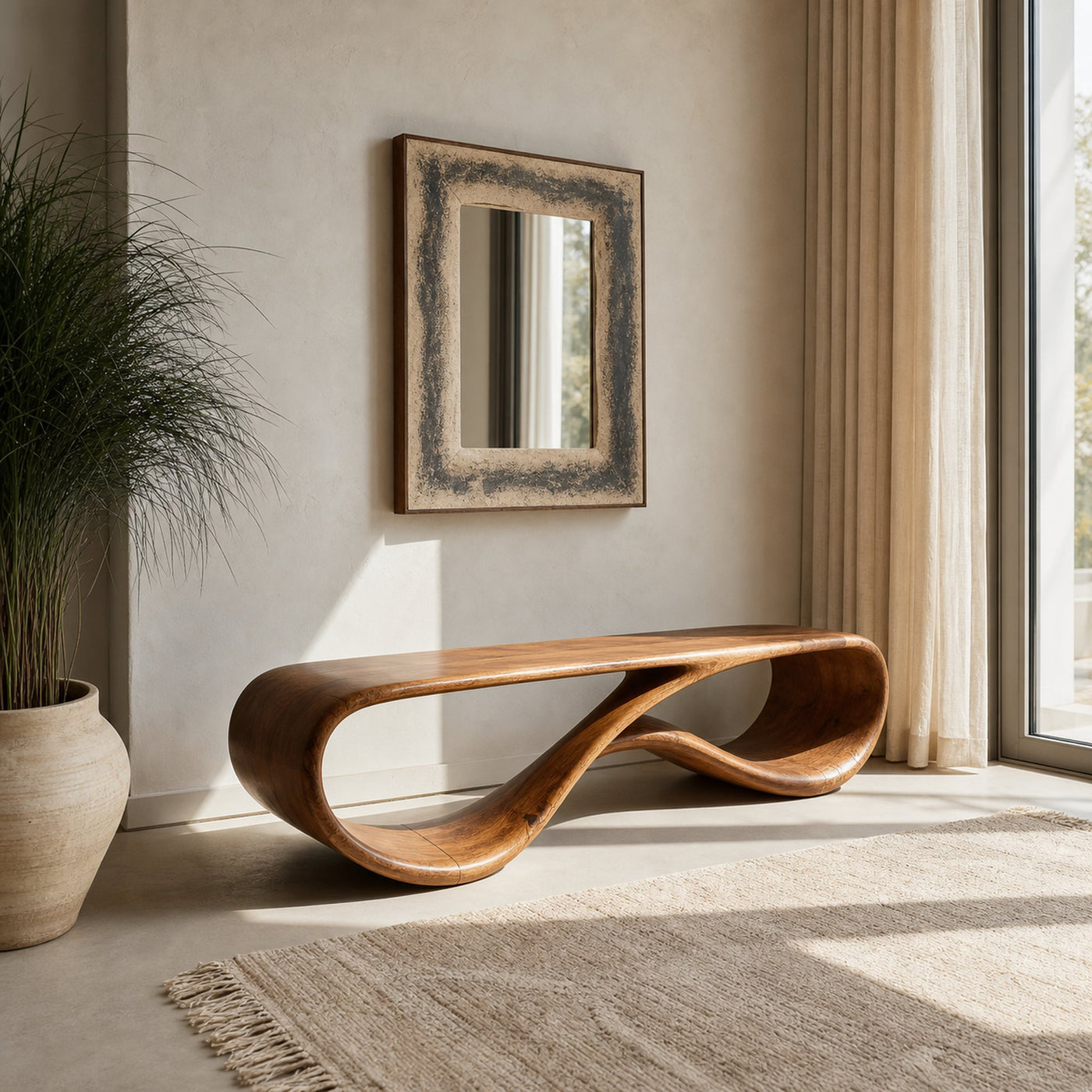 Modern Sculptural Natural Wood Bench For Entryway Decor Space