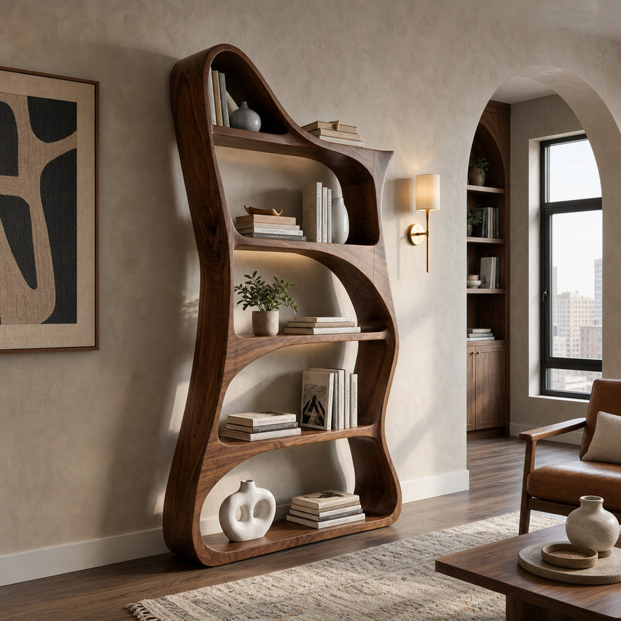 Modern Sculptural Natural Wood Bookshelf For Living Room