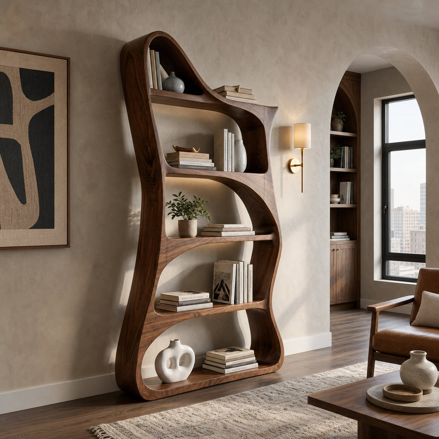 Modern Sculptural Natural Wood Bookshelf For Living Room