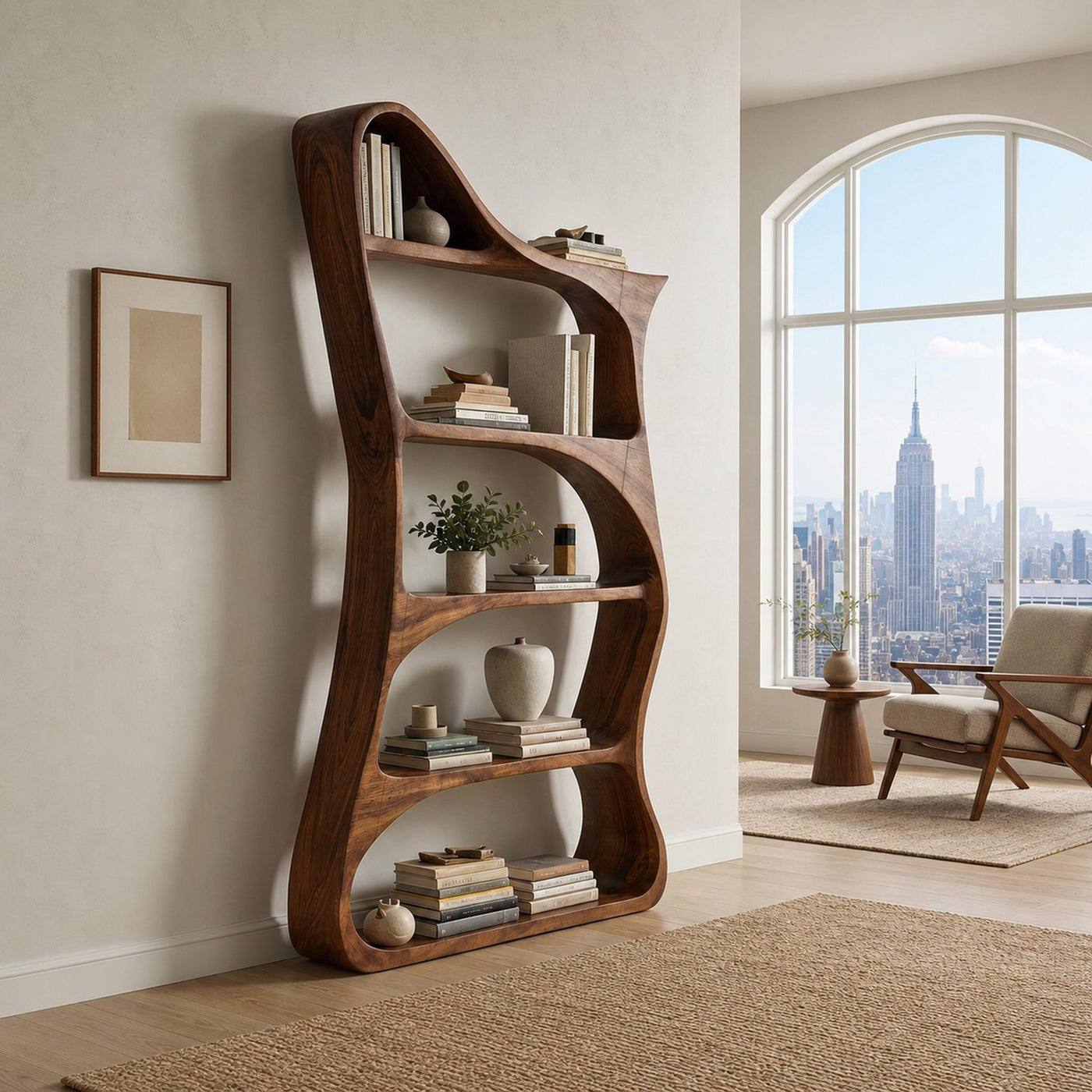 Modern Sculptural Natural Wood Bookshelf For Living Room - product view 6