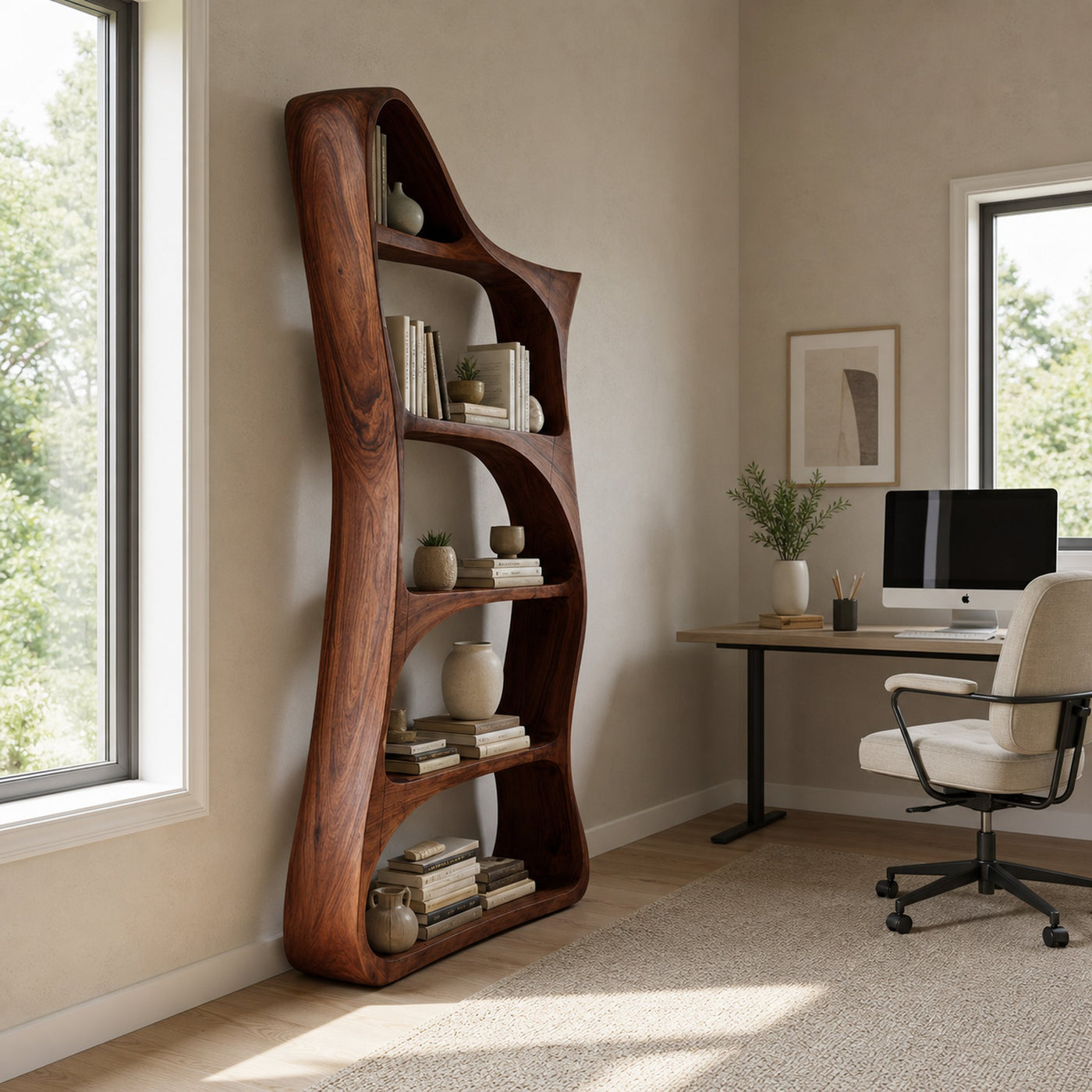 Modern Sculptural Natural Wood Bookshelf For Living Room - product view 7