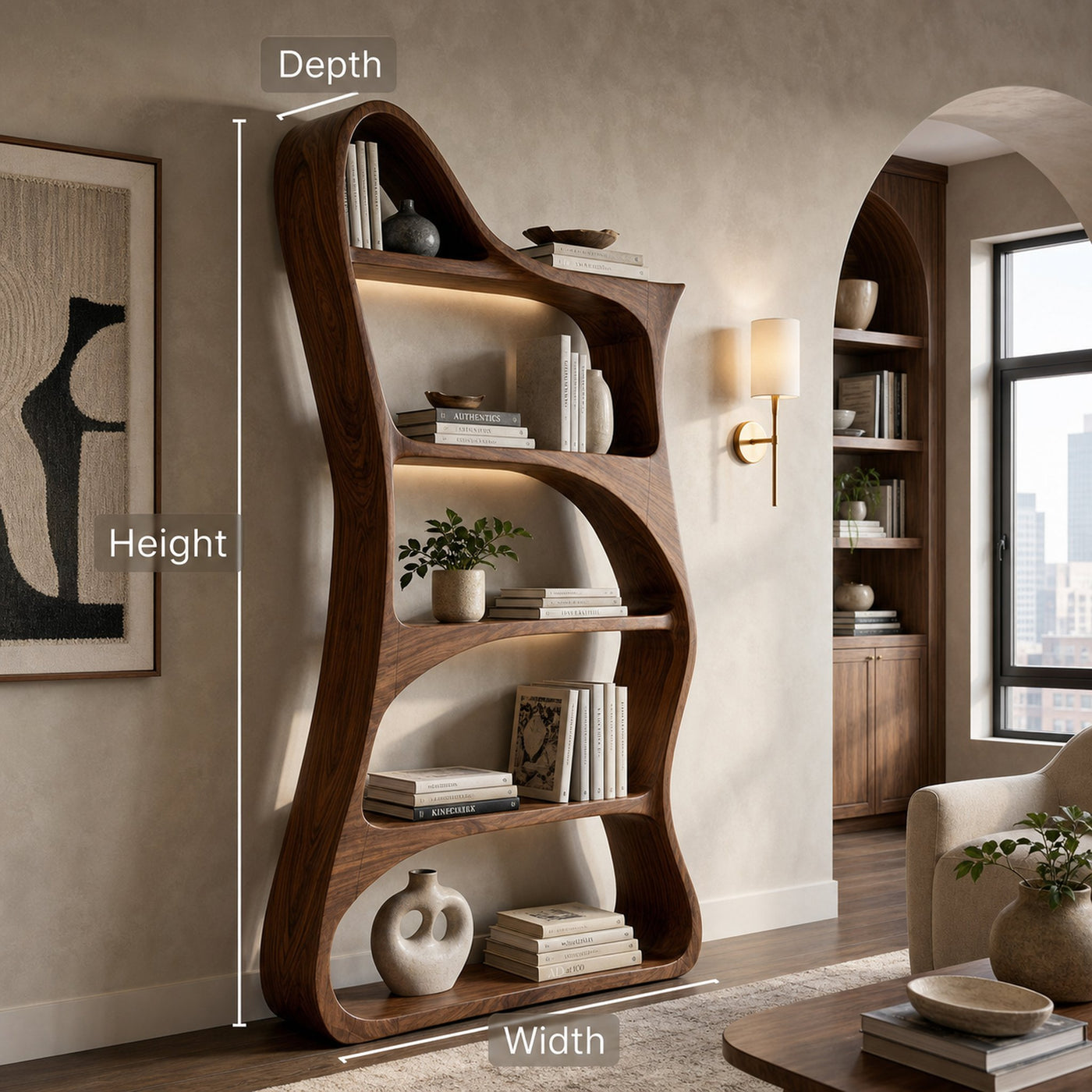 Modern Sculptural Natural Wood Bookshelf For Living Room - product view 8