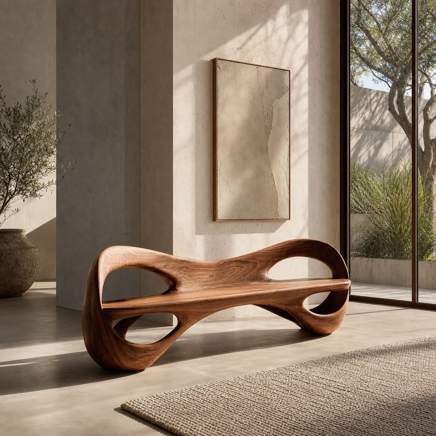Modern Sculptural Natural Wood Curved Bench For Living Room