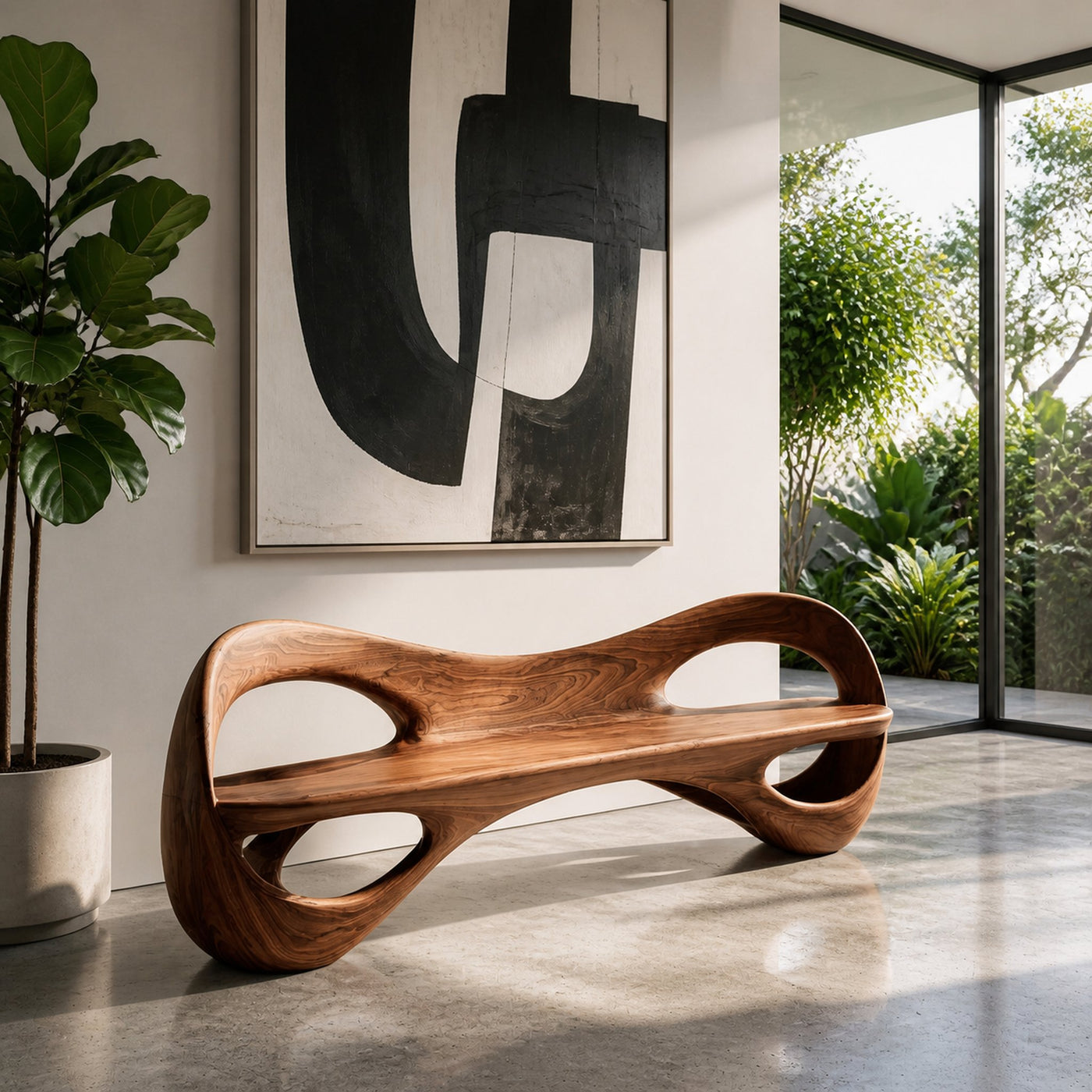 Modern Sculptural Natural Wood Curved Bench For Living Room - product view 6