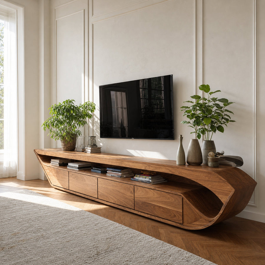 Modern Sculptural TV Console With Drawer For Living Room