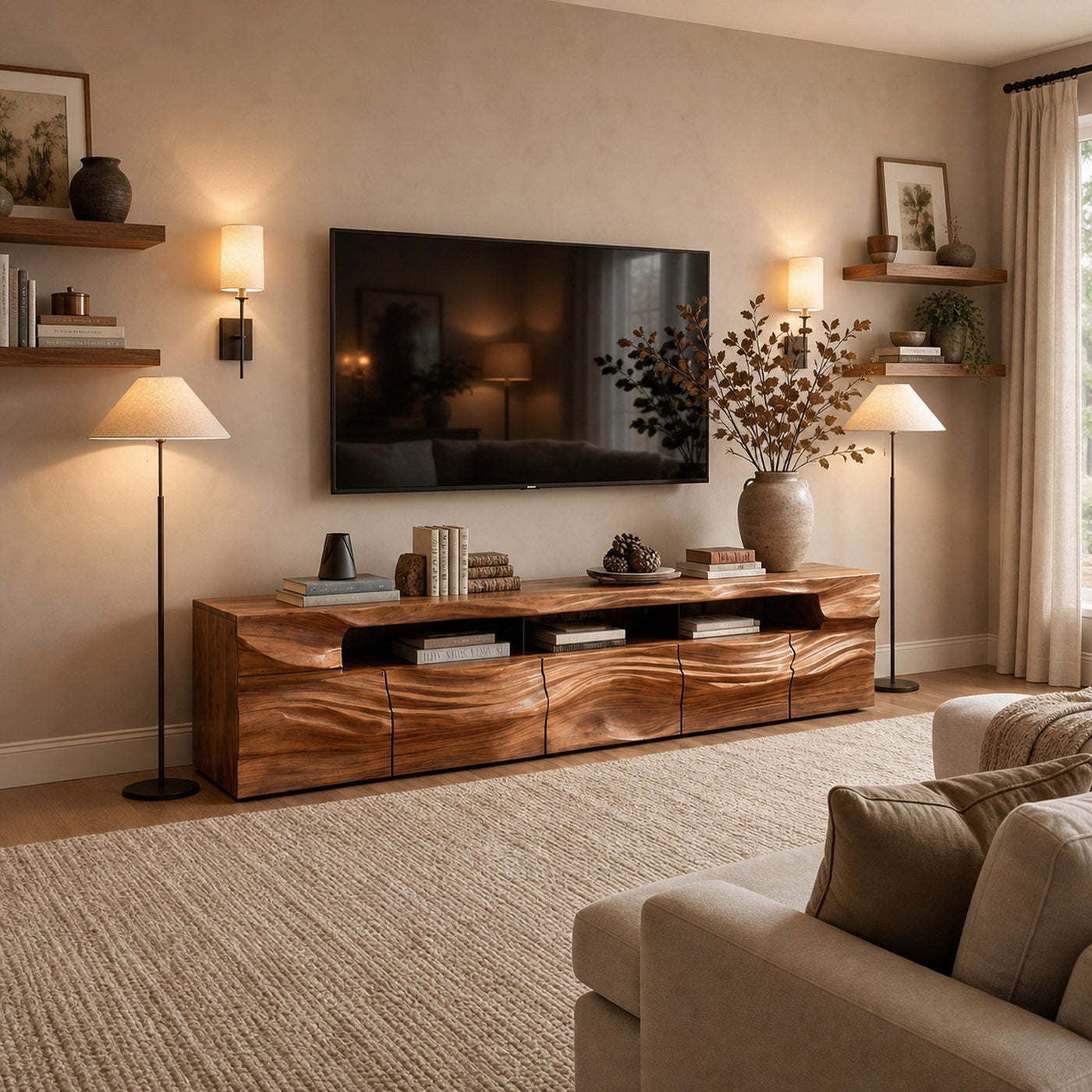 Modern Sculptural TV Console With Drawers For Living Room