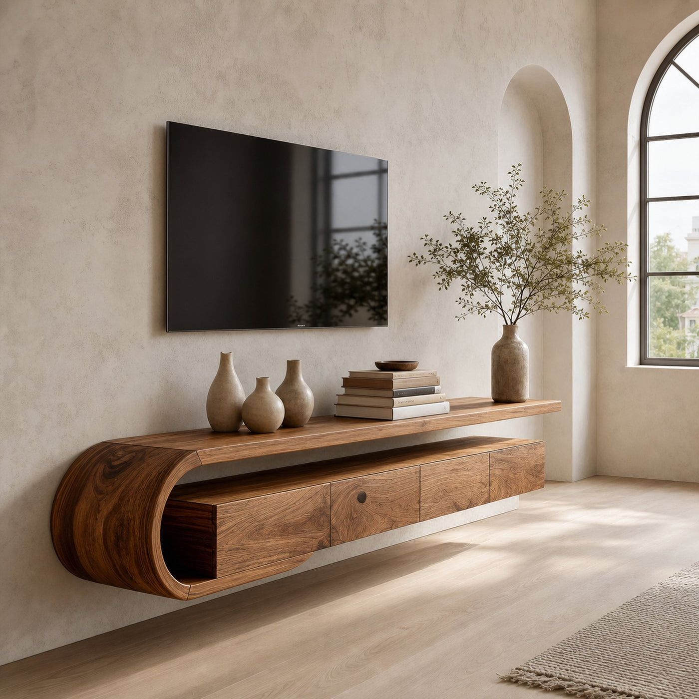 Modern Sculptural Wall Mounted TV Console For Living Room
