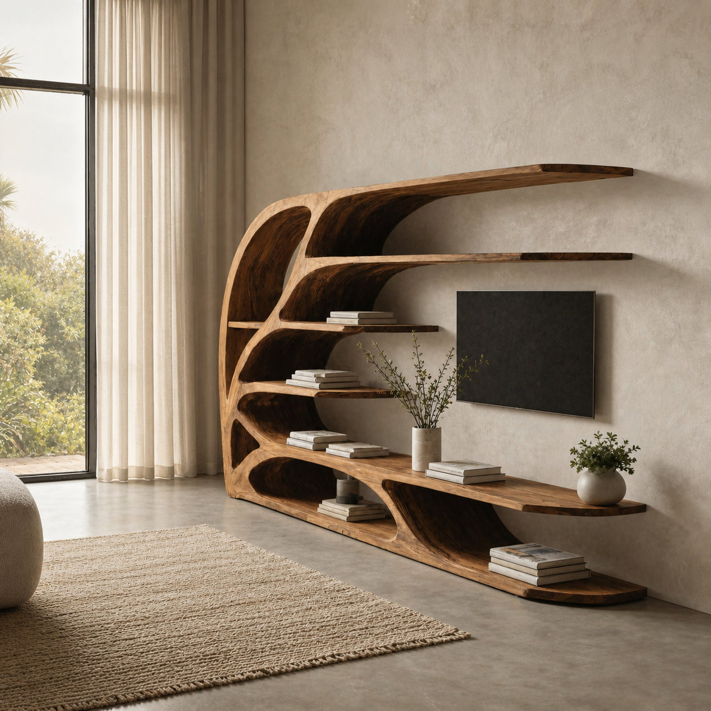 Modern Sculptural Wavy Carved Media Console For Living Room