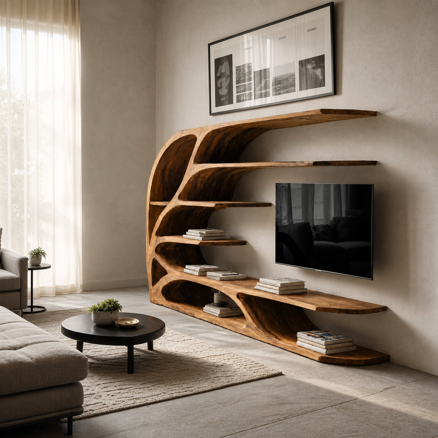 Modern Sculptural Wavy Carved Media Console For Living Room - product view 6