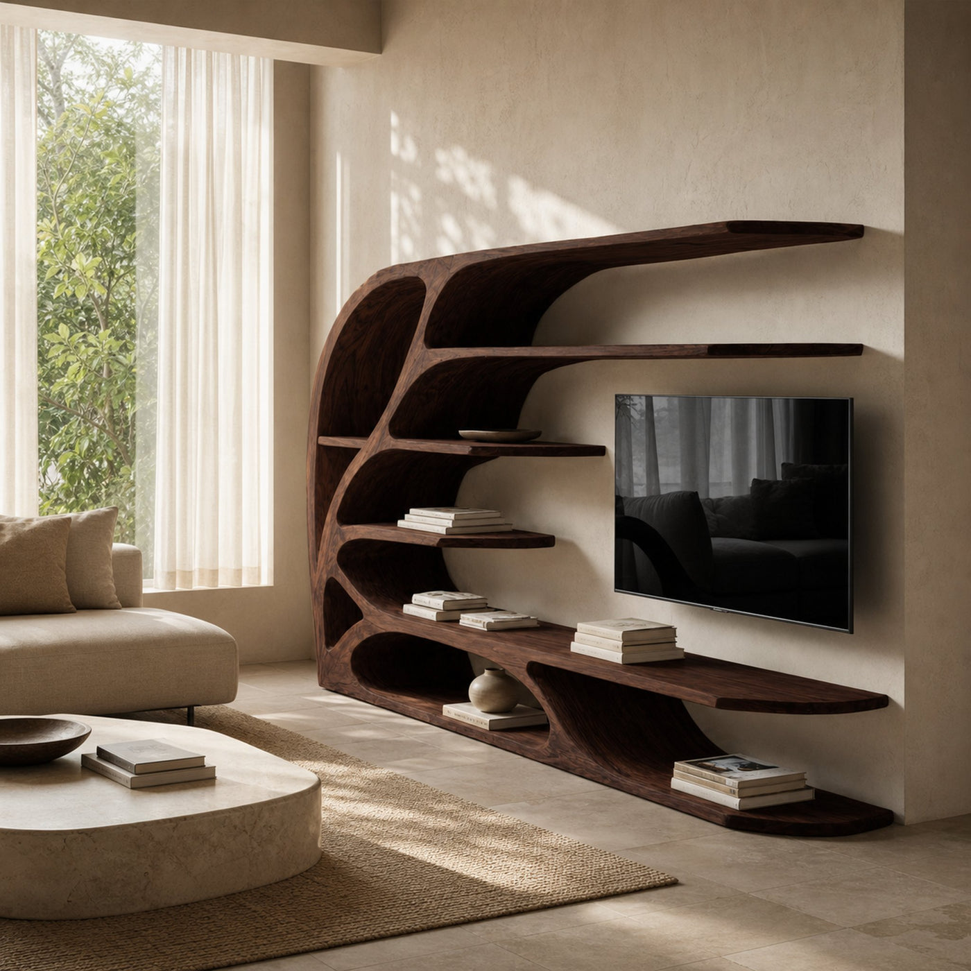 Modern Sculptural Wavy Carved Media Console For Living Room - product view 7
