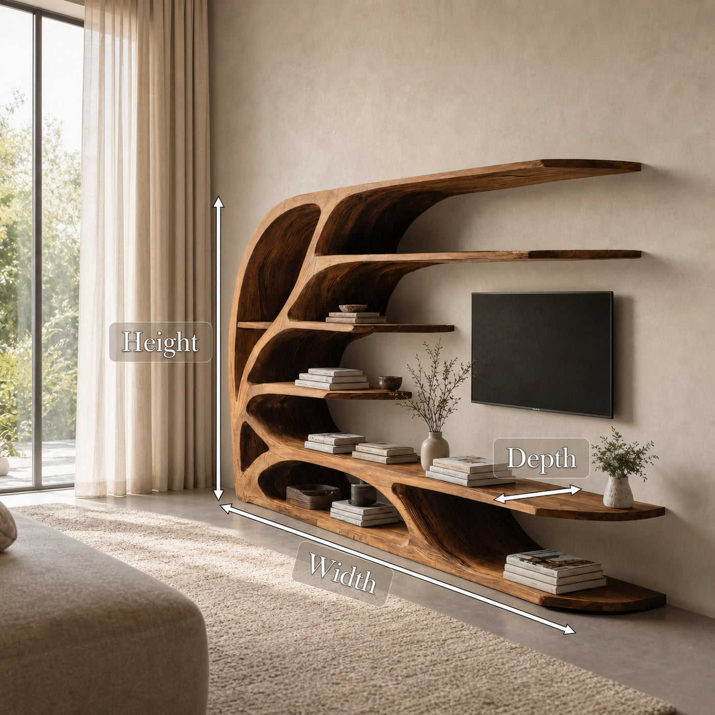 Modern Sculptural Wavy Carved Media Console For Living Room - product view 8