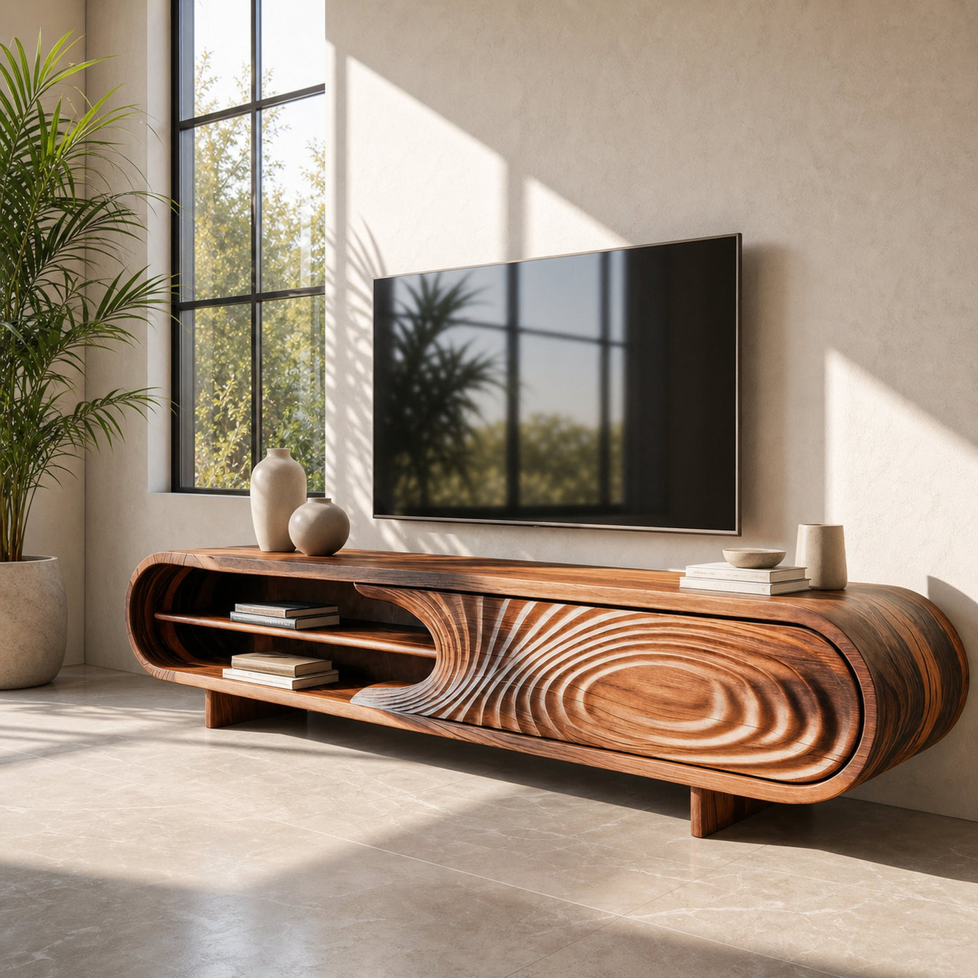 Modern Sculptural Wood TV Stand With Carved Door For Living Room