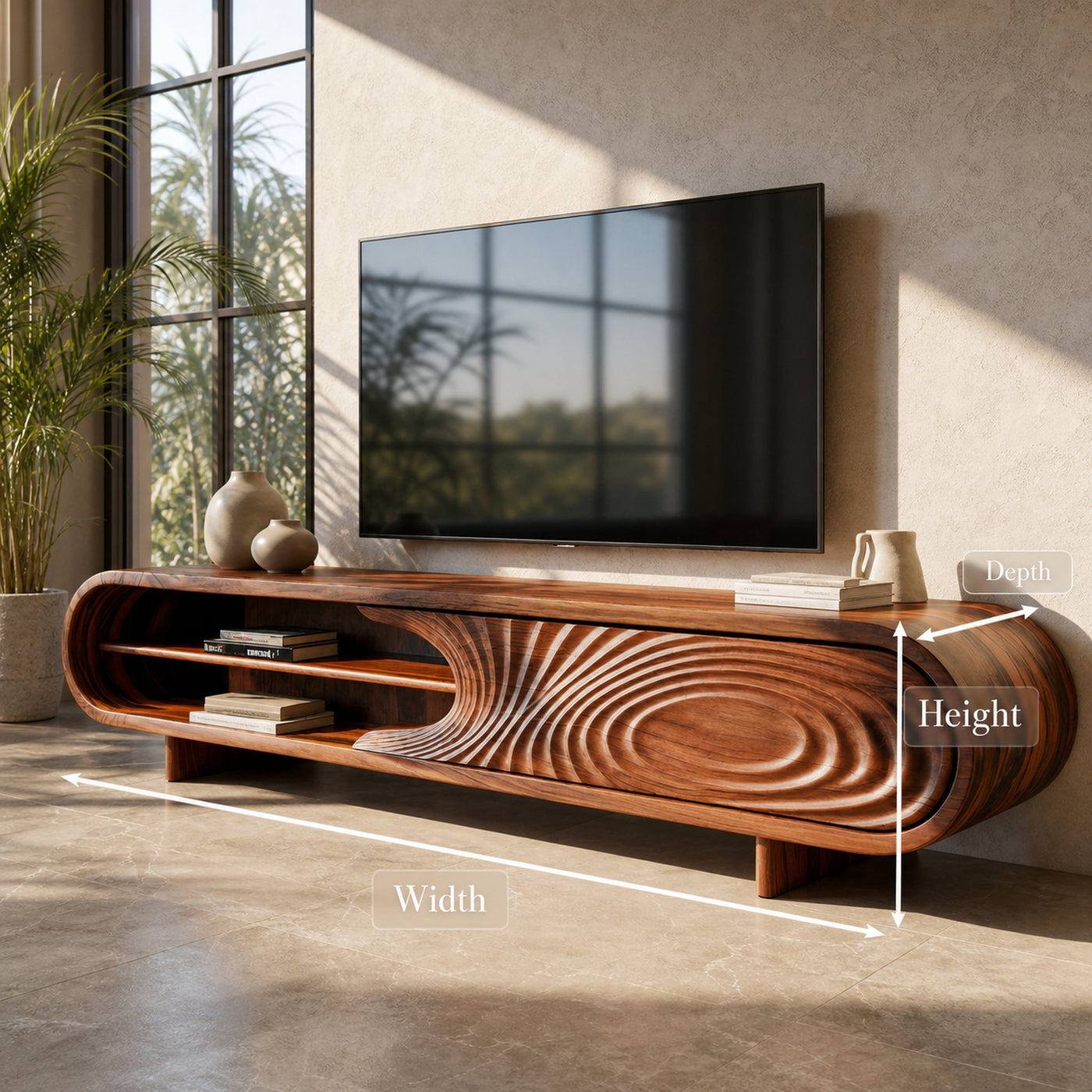 Modern Sculptural Wood TV Stand With Carved Door For Living Room - product view 6