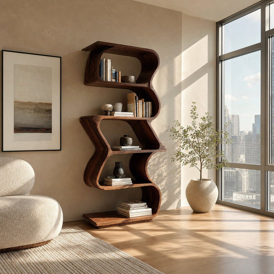 Modern Sculptural Wooden Bookshelf For Home Display