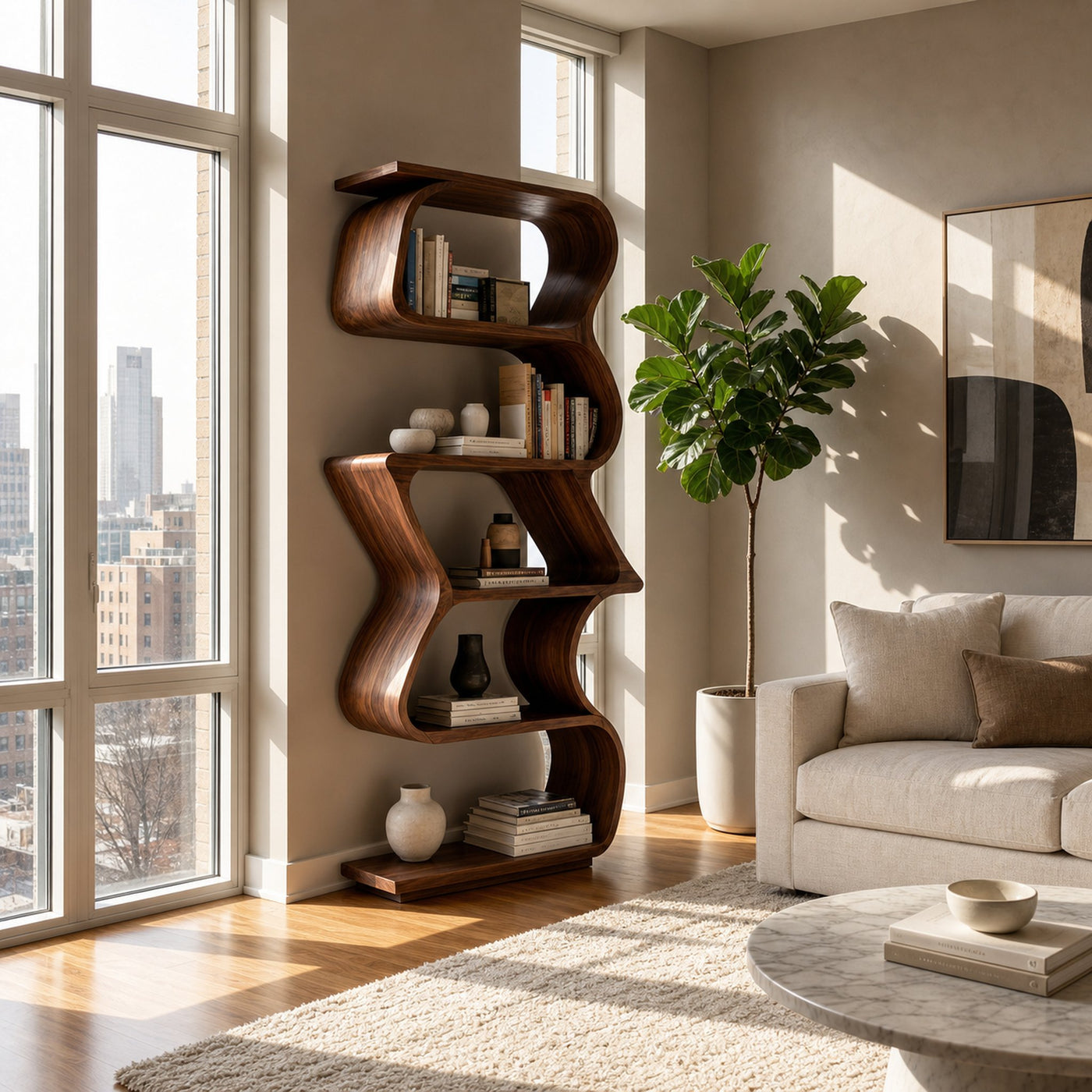Modern Sculptural Wooden Bookshelf For Home Display - product view 7