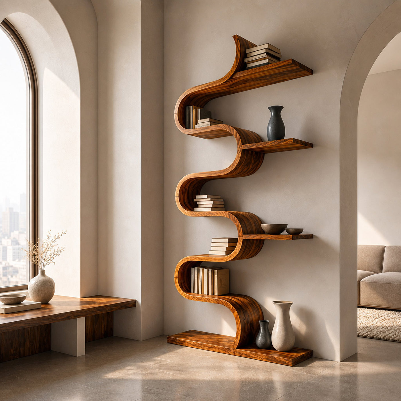 Modern Sculptural Wooden Wave Bookshelf For Living Space