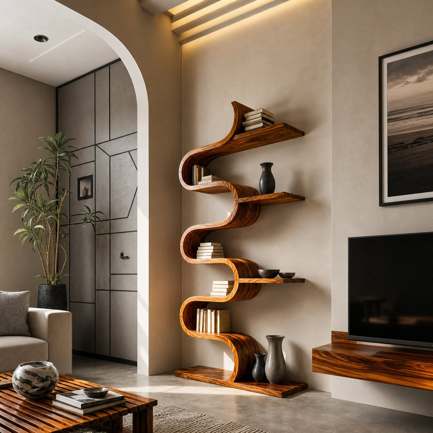 Modern Sculptural Wooden Wave Bookshelf For Living Space - product view 6