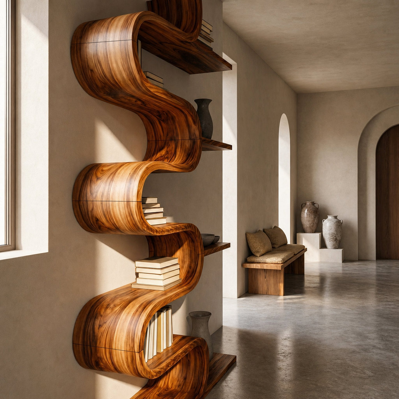 Modern Sculptural Wooden Wave Bookshelf For Living Space - product view 7