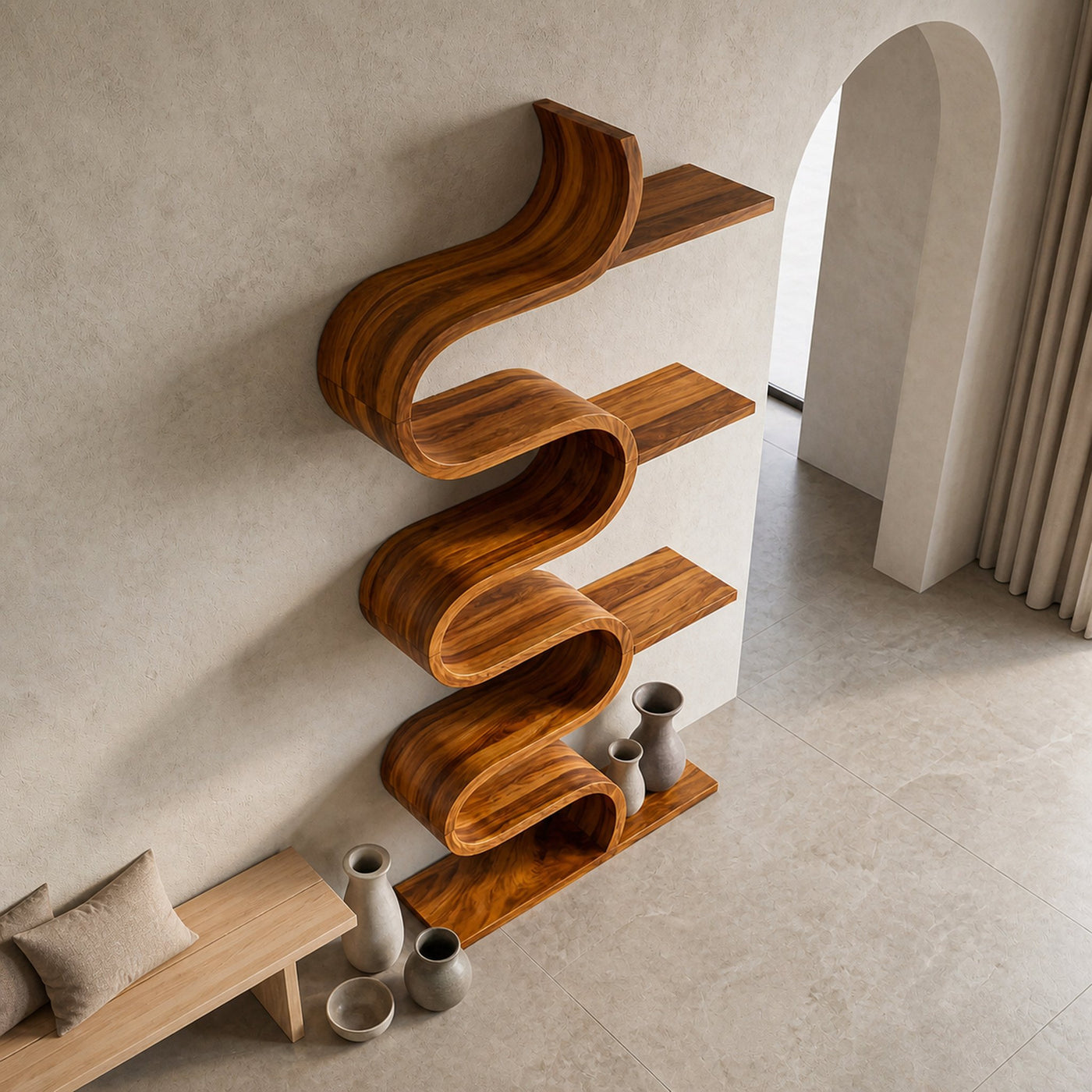 Modern Sculptural Wooden Wave Bookshelf For Living Space - product view 8