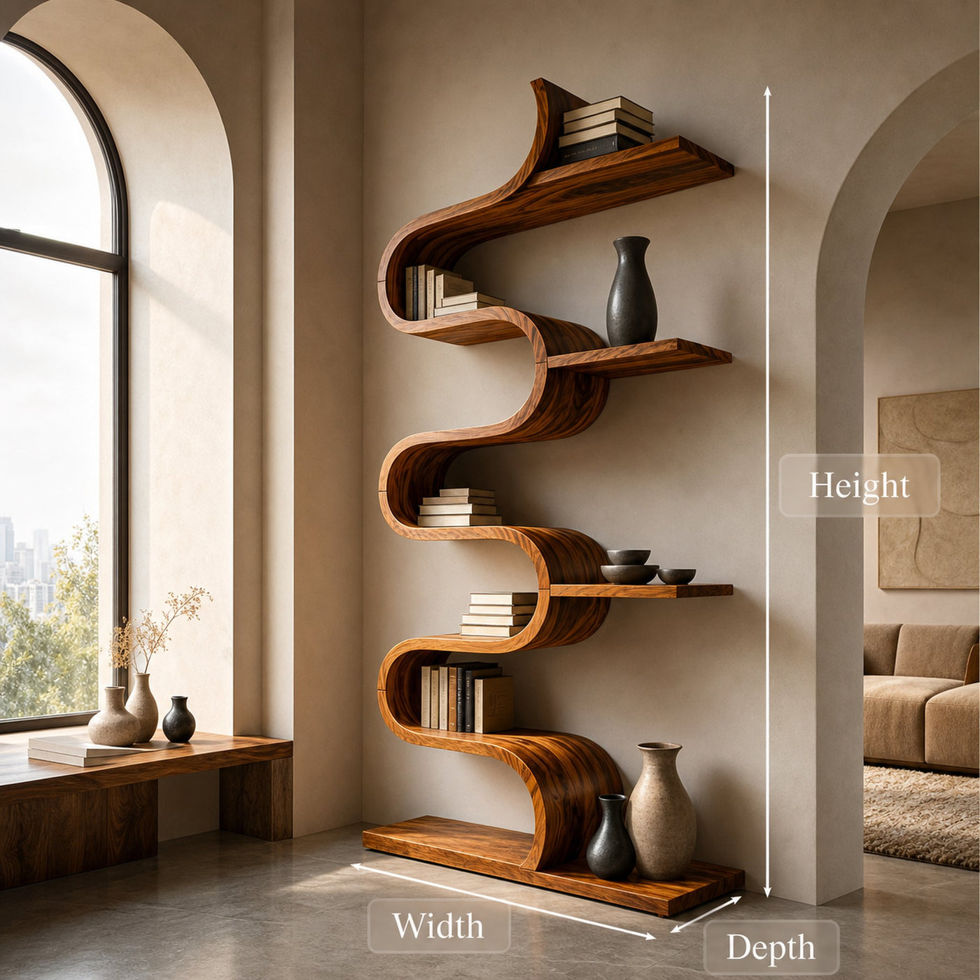 Modern Sculptural Wooden Wave Bookshelf For Living Space - product view 9