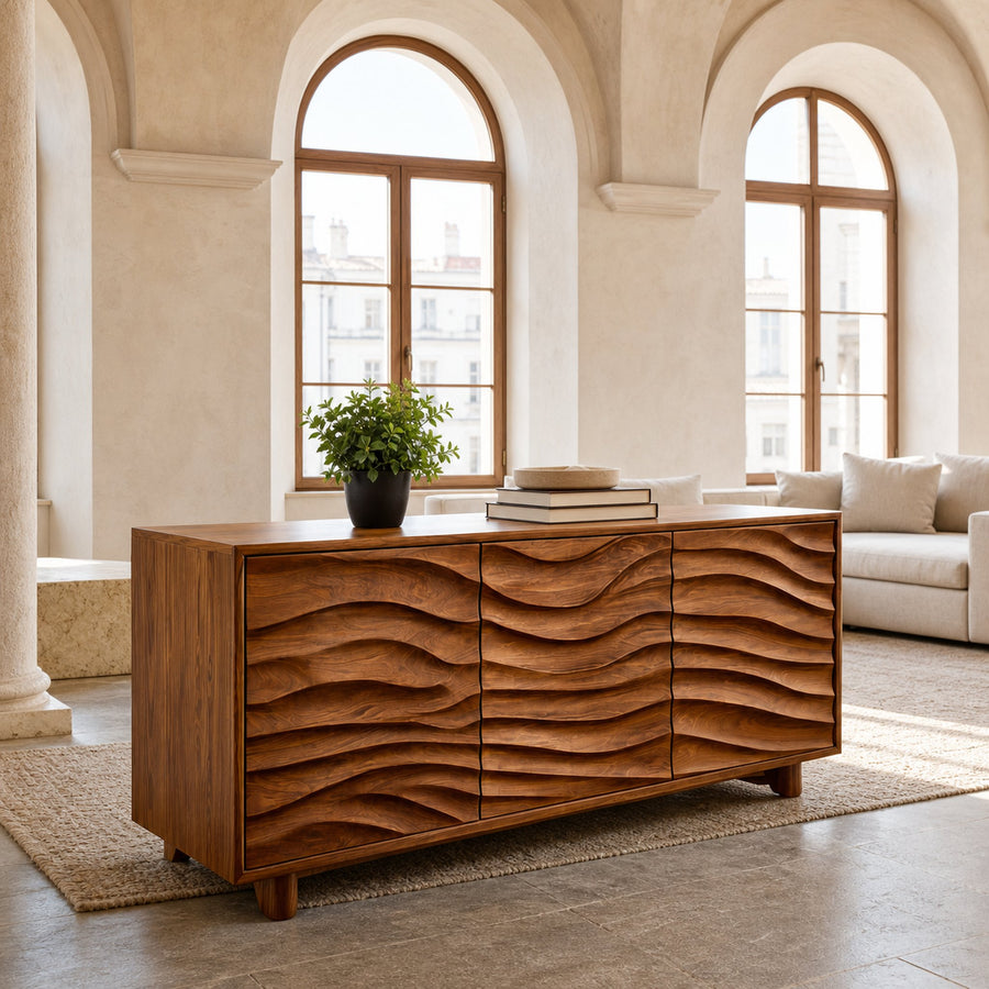 Modern Sideboard With Carved Wave Design Statement For Living Space