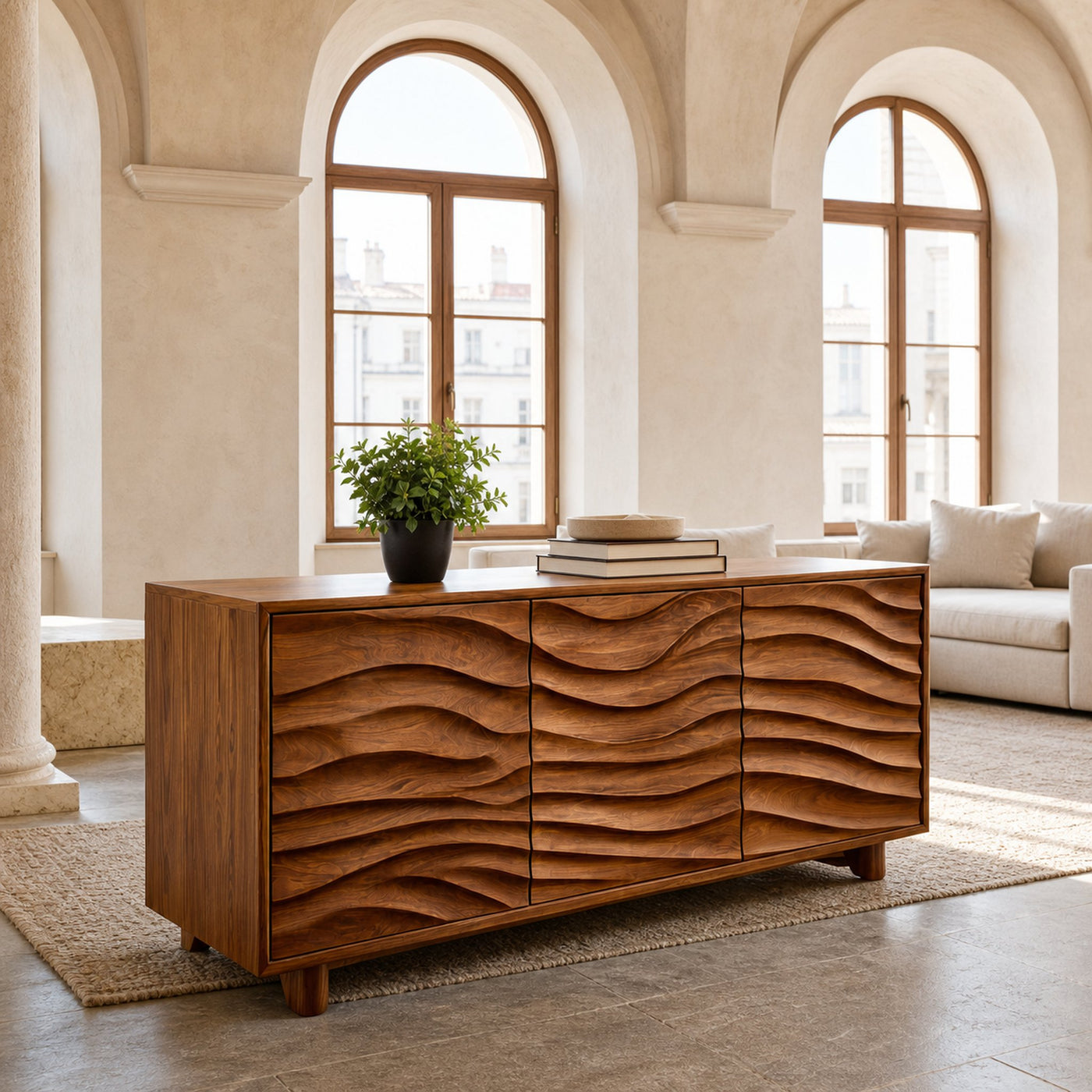 Modern Sideboard With Carved Wave Design Statement For Living Space
