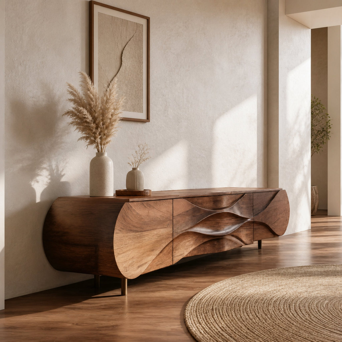 Modern Sideboard With Carved Wave For Living Room