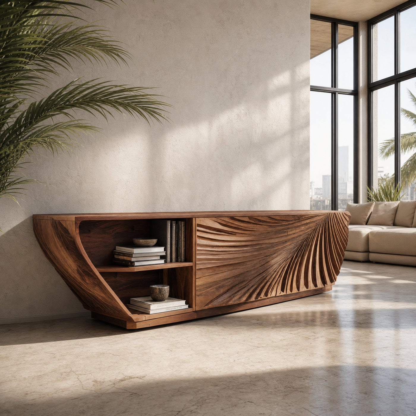 Modern Sideboard With Carved Wave For Living Room Or Dining
