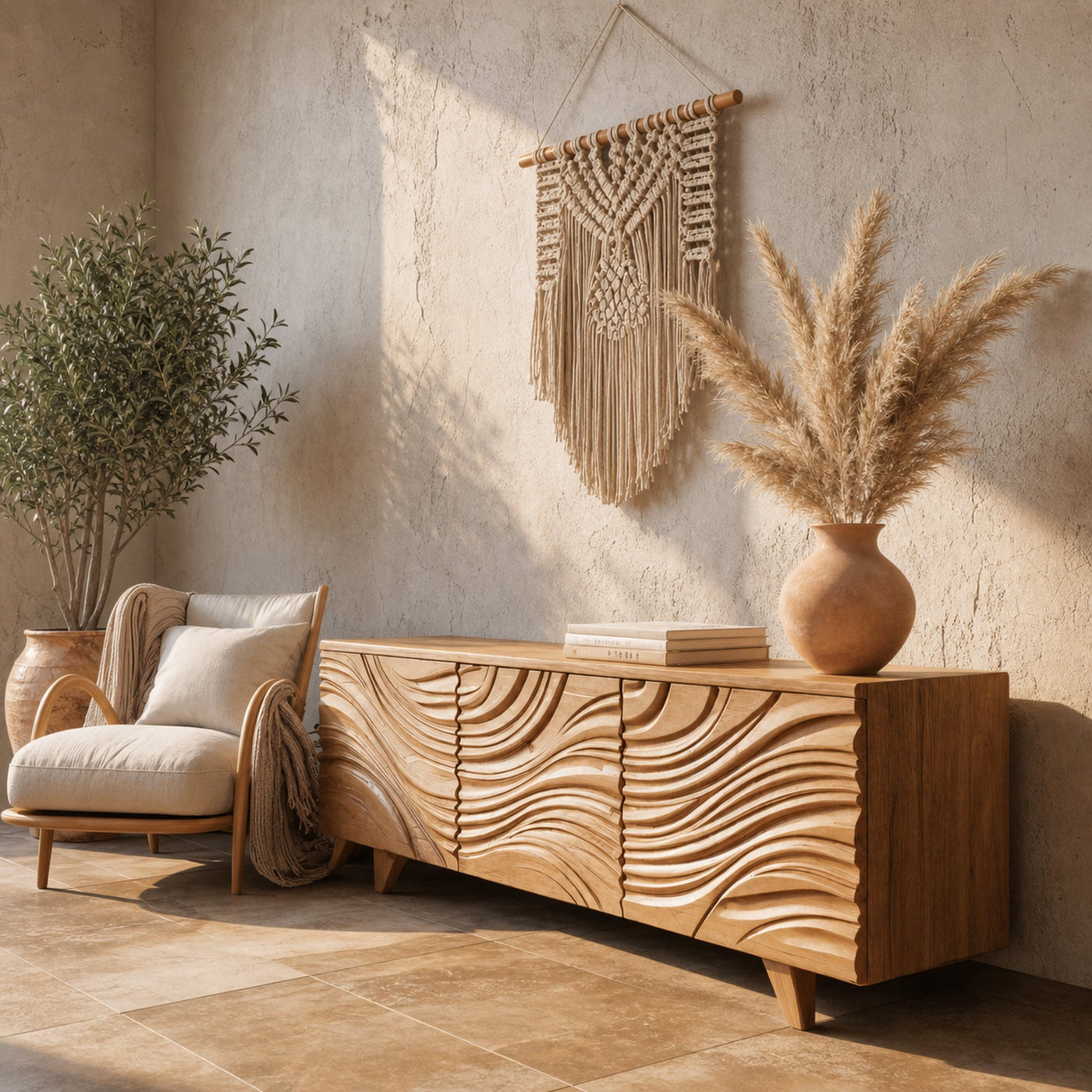Modern Sideboard With Flowing Wave Carved For Living Room