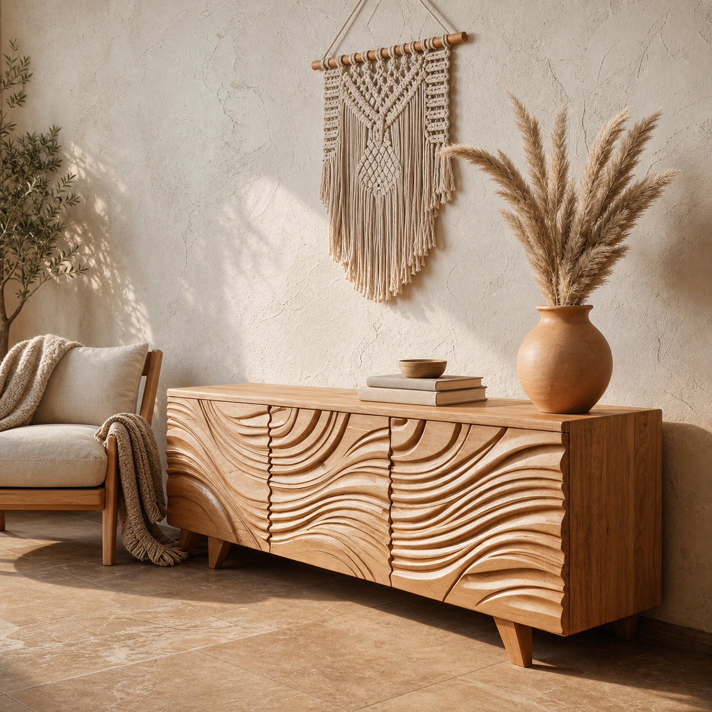 Modern Sideboard With Flowing Wave Carved For Living Room - product view 2