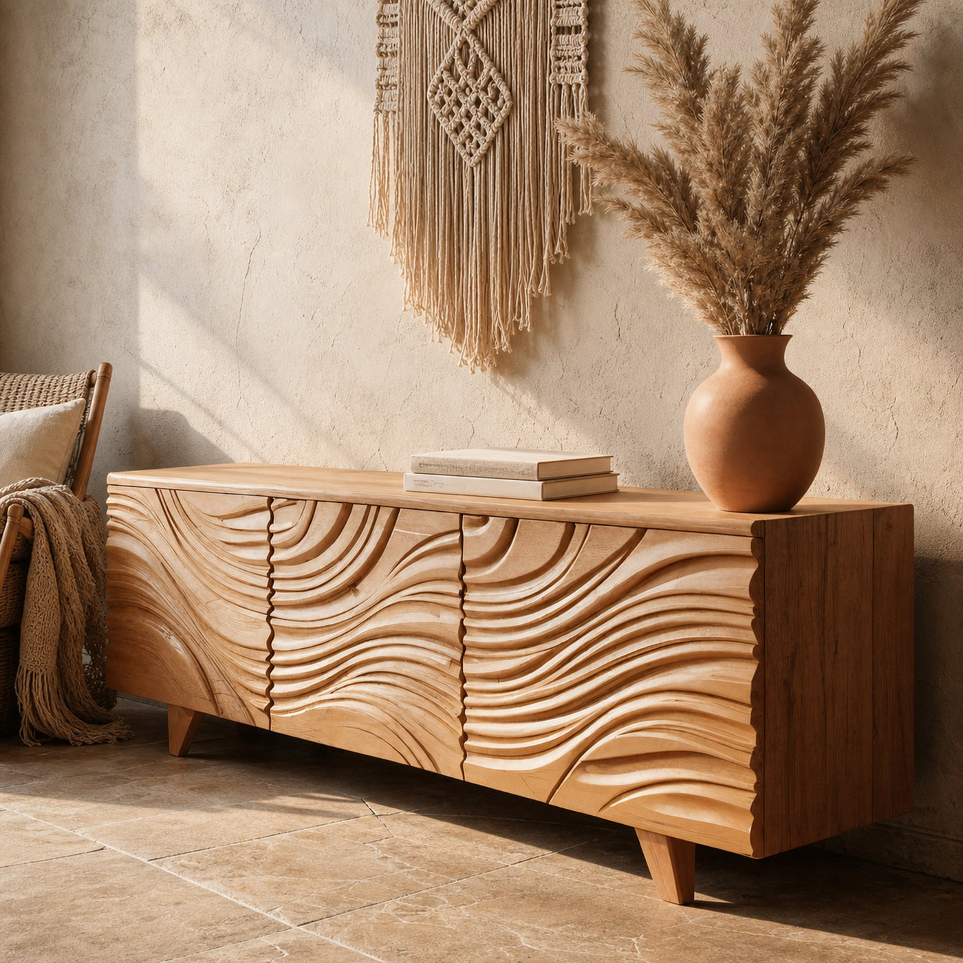 Modern Sideboard With Flowing Wave Carved For Living Room - product view 3