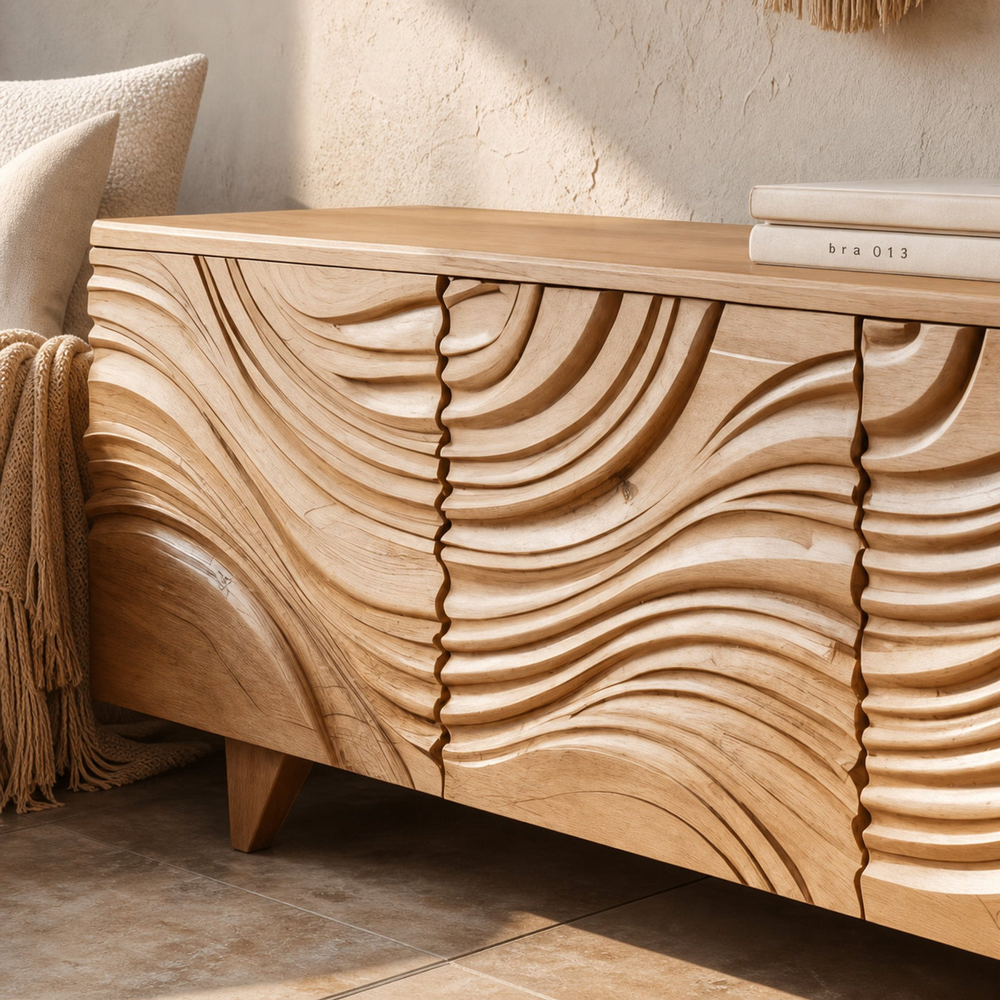 Modern Sideboard With Flowing Wave Carved For Living Room - product view 4