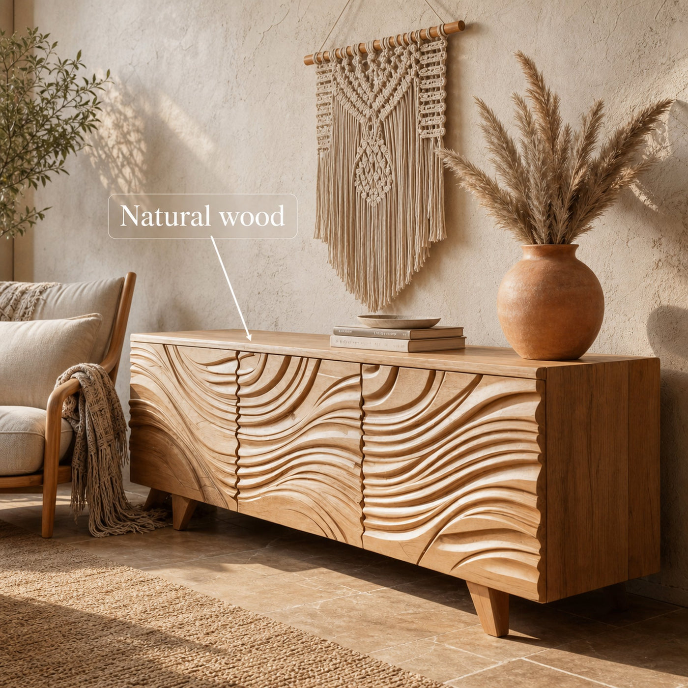 Modern Sideboard With Flowing Wave Carved For Living Room - product view 6