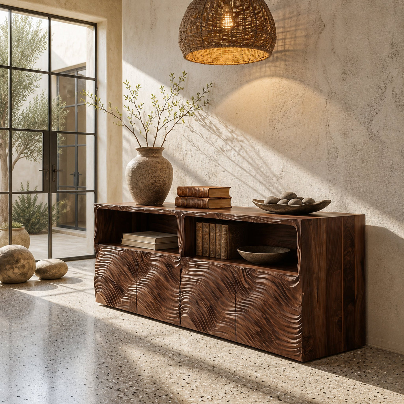 Modern Sideboard With Hand Carved Wave Wood Doors And Open Display Shelves For Living Room