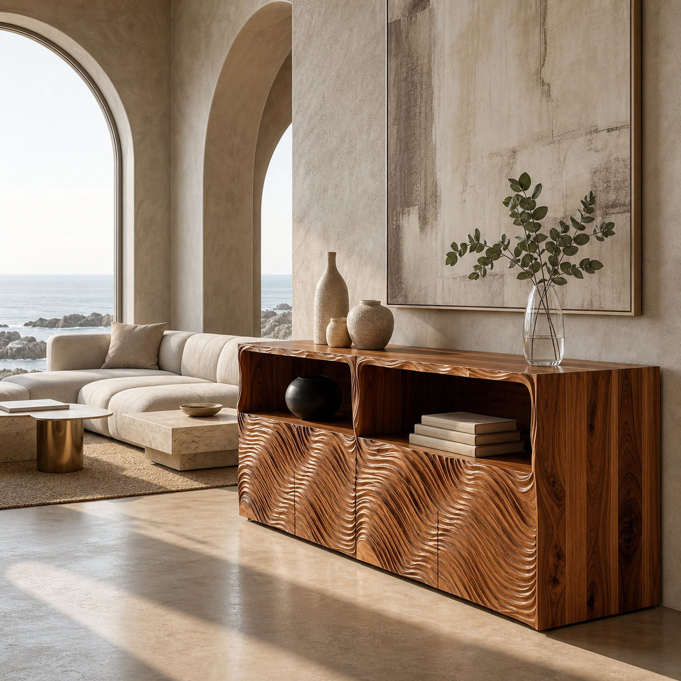Modern Sideboard With Hand Carved Wave Wood Doors And Open Display Shelves For Living Room - product view 6