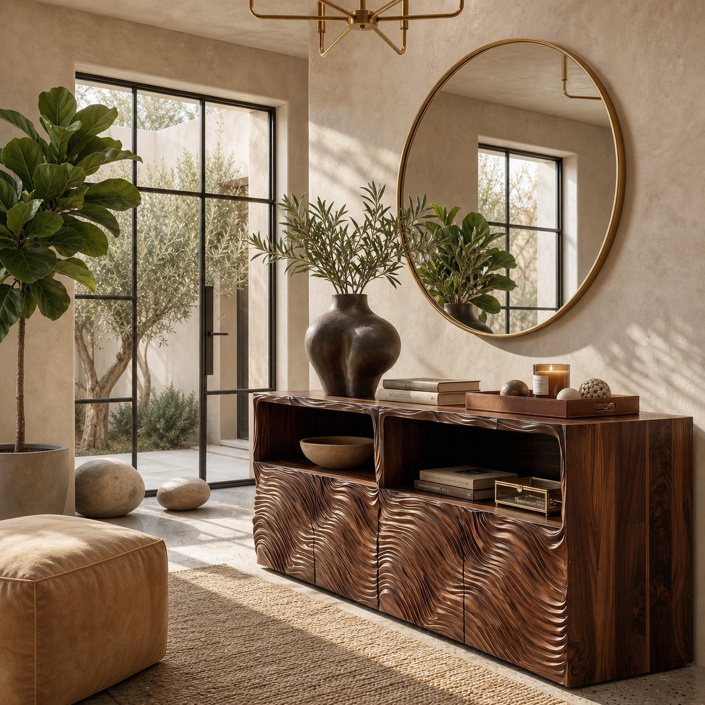 Modern Sideboard With Hand Carved Wave Wood Doors And Open Display Shelves For Living Room - product view 7