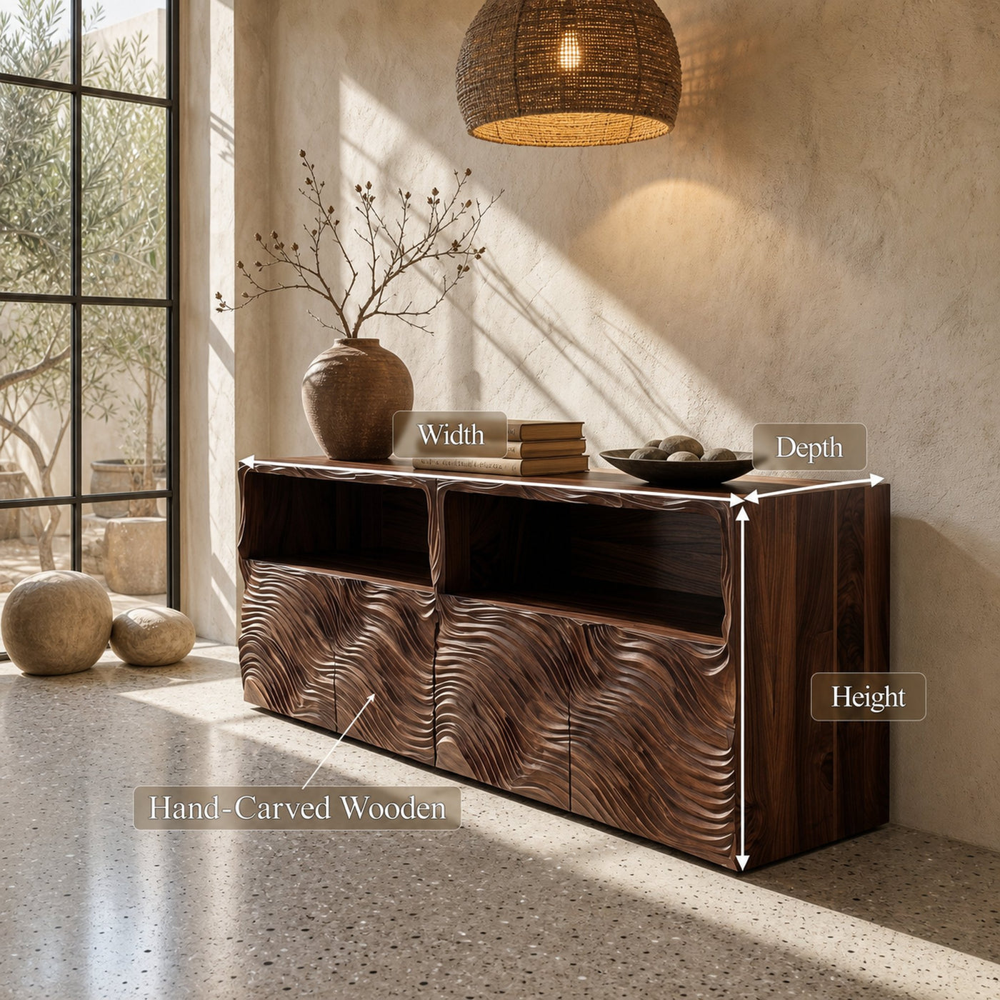 Modern Sideboard With Hand Carved Wave Wood Doors And Open Display Shelves For Living Room - product view 8