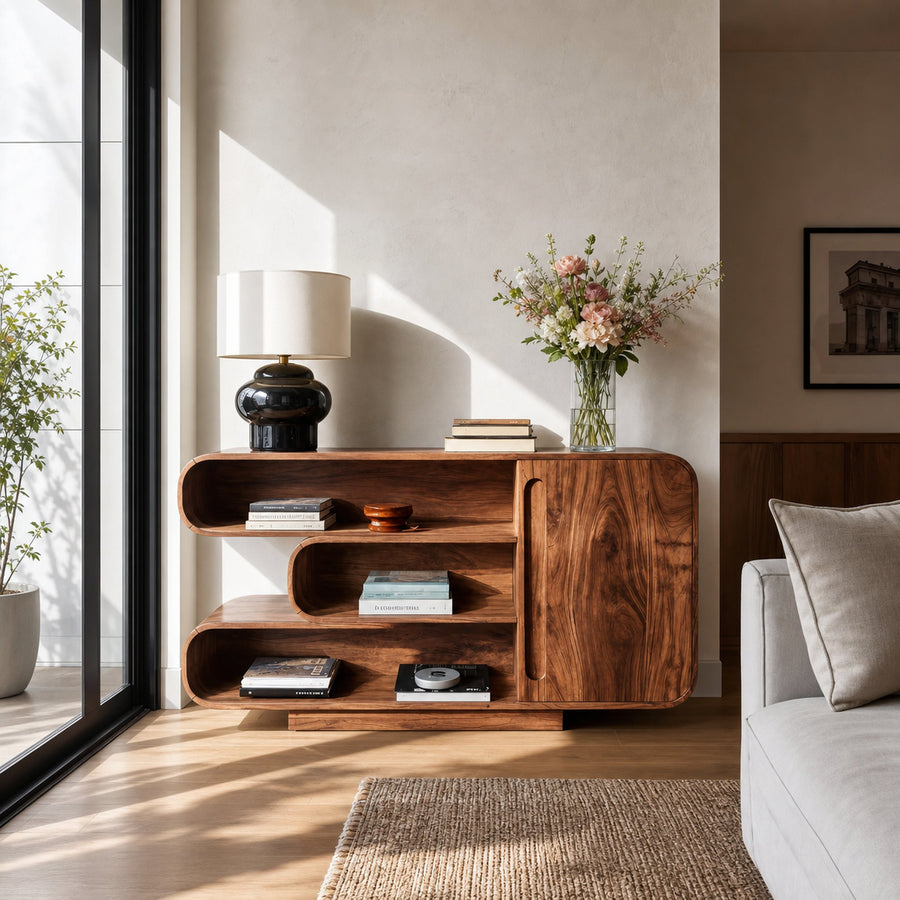 Modern Sideboard With Rounded Corners And Shelves For Living Room