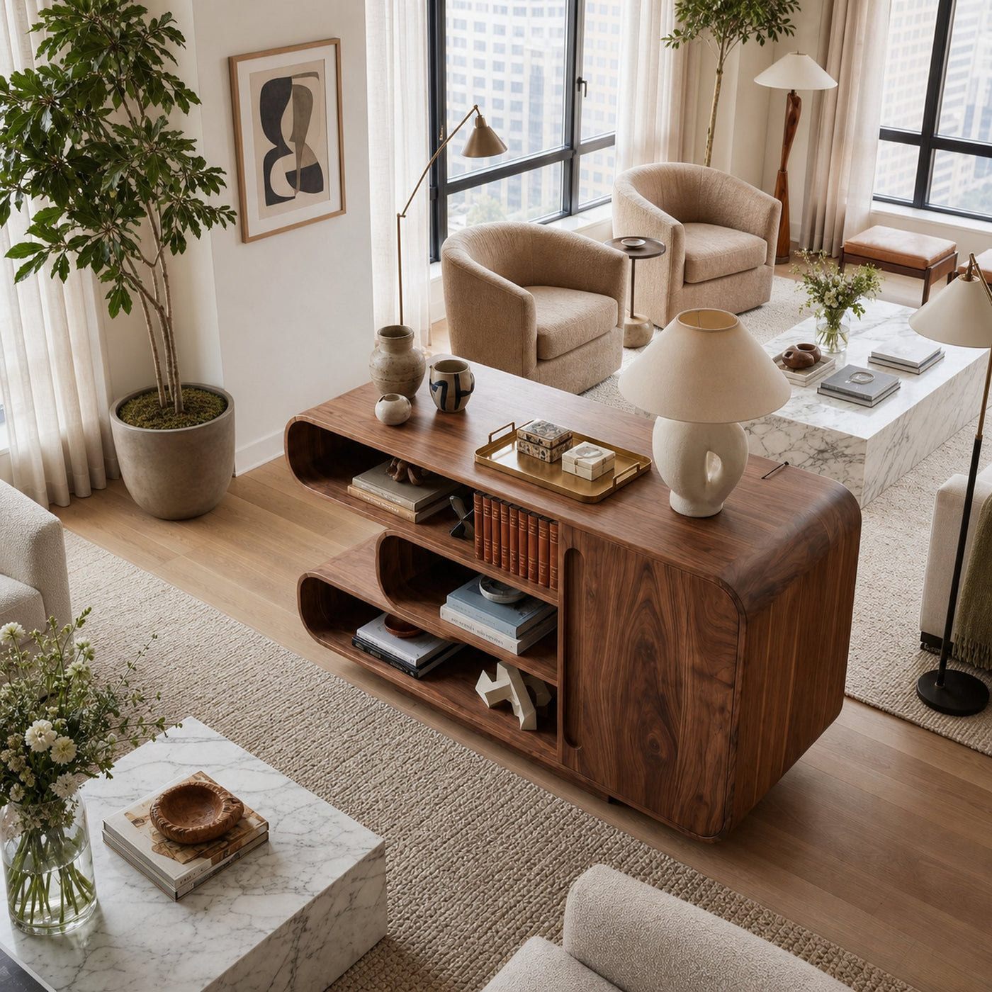 Modern Sideboard With Rounded Corners And Shelves For Living Room - product view 3