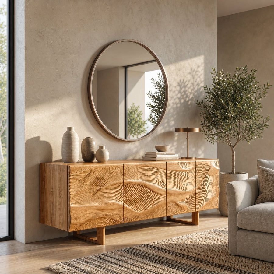 Modern Sideboard With Sunburst Carved Wood Doors For Living Room