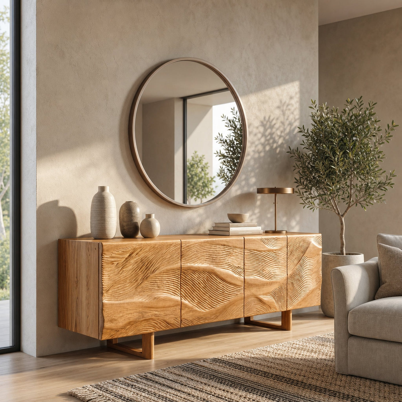 Modern Sideboard With Sunburst Carved Wood Doors For Living Room